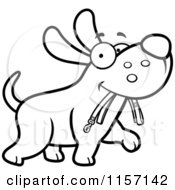 Cartoon Clipart Of A Black And White Dog Walking With A Leash In His Mouth Vector Outlined Coloring Page