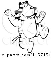 Cartoon Clipart Of A Black And White Happy Jumping Tiger Vector Outlined Coloring Page