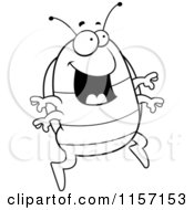 Cartoon Clipart Of A Black And White Excited Pillbug Jumping Vector Outlined Coloring Page