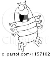 Cartoon Clipart Of A Black And White Excited Centipede Jumping Vector Outlined Coloring Page