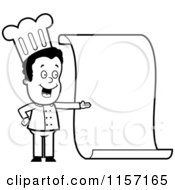 Cartoon Clipart Of A Black And White Friendly Female Chef Presenting A Blank Menu Vector Outlined Coloring Page by Cory Thoman
