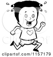 Cartoon Clipart Of A Black And White Happy Girl Sweating And Running Vector Outlined Coloring Page