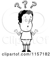 Cartoon Clipart Of A Black And White Confused Boy Shrugging Under Question Marks Vector Outlined Coloring Page