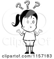 Poster, Art Print Of Black And White Confused Haired Girl Shrugging Under Question Marks