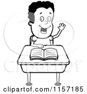 Poster, Art Print Of Black And White Smart Boy Sitting At A Desk With His Hand Raised