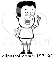 Cartoon Clipart Of A Black And White Smart Boy Holding Up A Finger Vector Outlined Coloring Page