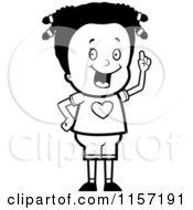 Cartoon Clipart Of A Black And White Sweet Black Girl Holding Up A Finger Vector Outlined Coloring Page