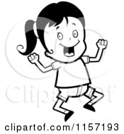 Cartoon Clipart Of A Black And White Excited Girl Jumping Vector Outlined Coloring Page