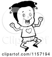 Cartoon Clipart Of A Black And White Happy Black Girl Jumping Vector Outlined Coloring Page