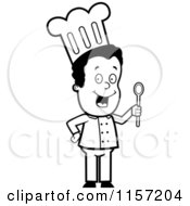 Cartoon Clipart Of A Black And White Happy Chef Man Holding A Spoon Vector Outlined Coloring Page