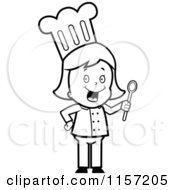 Cartoon Clipart Of A Black And White Happy Chef Woman Holding A Spoon Vector Outlined Coloring Page