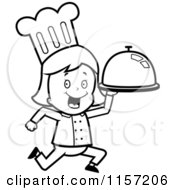 Cartoon Clipart Of A Black And White Chef Girl Running With A Platter Vector Outlined Coloring Page