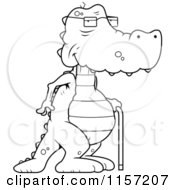 Cartoon Clipart Of A Black And White Old Alligator Using A Cane Vector Outlined Coloring Page
