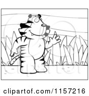 Cartoon Clipart Of A Black And White Friendly Tiger Standing And Waving On A Grassy Background Vector Outlined Coloring Page