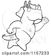 Cartoon Clipart Of A Black And White Big Triceratops Leaping Vector Outlined Coloring Page