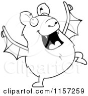 Cartoon Clipart Of A Black And White Chubby Bat Dancing Vector Outlined Coloring Page
