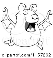 Cartoon Clipart Of A Black And White Chubby Bat Running Vector Outlined Coloring Page