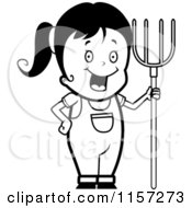 Cartoon Clipart Of A Black And White Happy Farmer Girl With A Pitchfork Vector Outlined Coloring Page