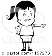 Cartoon Clipart Of A Black And White Mad Girl Pointing Vector Outlined Coloring Page
