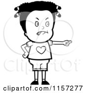 Cartoon Clipart Of A Black And White Mad Black Girl Pointing Vector Outlined Coloring Page