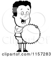 Cartoon Clipart Of A Black And White Pleased Black Boy Holding A Burst Seal Vector Outlined Coloring Page