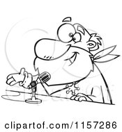 Cartoon Clipart Of A Black And White CRS Santa Speaking Into A Microphone Vector Outlined Coloring Page