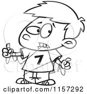 Cartoon Clipart Of A Black And White Boy Tangled In Dental Floss Vector Outlined Coloring Page by toonaday