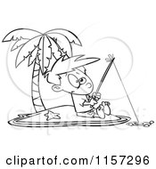Cartoon Clipart Of A Black And White Boy Fishing On A Tropical Island Vector Outlined Coloring Page