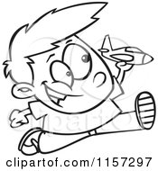 Cartoon Clipart Of A Black And White Boy Running And Playing With A Toy Jet Vector Outlined Coloring Page