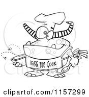 Cartoon Clipart Of A Black And White Chef Monster Wearing A Kiss The Cook Apron Vector Outlined Coloring Page