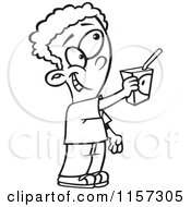 Cartoon Clipart Of A Black And White Boy Offering To Share A Juice Box Vector Outlined Coloring Page by toonaday