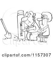 Cartoon Clipart Of A Black And White Senior Couple Pulling Out Or Burying A Time Capsule Vector Outlined Coloring Page