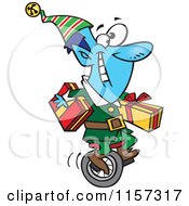 Blue Christmas Elf Carrying Gifts On A Unicycle