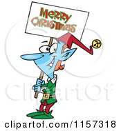 Cartoon Of A Blue Elf Carrying A Merry Christmas Sign Royalty Free Vector Clipart by toonaday