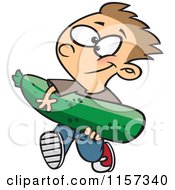 Cartoon Of A Boy Carrying A Giant Zucchini Royalty Free Vector Clipart