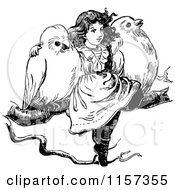 Clipart Of A Retro Vintage Black And White Girl With Birds On A Branch Royalty Free Vector Illustration