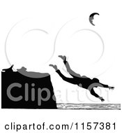 Clipart Of A Silhouetted Couple Man Jumping From A Coastal Cliff Royalty Free Vector Illustration