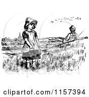 Clipart Of A Retro Vintage Black And White Boy And Girl Near A Village Royalty Free Vector Illustration