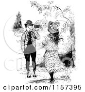 Clipart Of A Retro Vintage Black And White Boy And Girl Near A Barn Royalty Free Vector Illustration