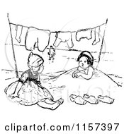 Poster, Art Print Of Retro Vintage Black And White Girls Playing In Sand Under Laundry On A Line