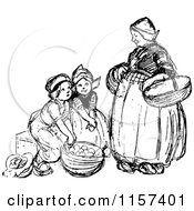 Clipart Of A Retro Vintage Black And White Mother And Children With Food Baskets Royalty Free Vector Illustration