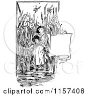 Clipart Of Retro Vintage Black And White Girls In Pond Reeds With A Banner Royalty Free Vector Illustration