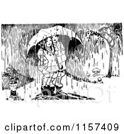 Clipart Of Retro Vintage Black And White Children In The Rain Royalty Free Vector Illustration