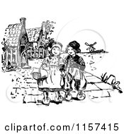 Clipart Of Retro Vintage Black And White Dutch Children On A Path Royalty Free Vector Illustration