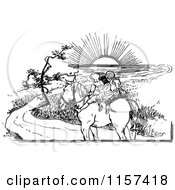 Clipart Of Retro Vintage Black And White Children Riding A Horse Into Sunset Royalty Free Vector Illustration