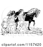 Clipart Of Retro Vintage Black And White Children Walking A Pony Royalty Free Vector Illustration
