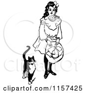 Clipart Of A Retro Vintage Black And White Girl And Tuxedo Cat Royalty Free Vector Illustration