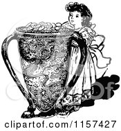 Clipart Of A Retro Vintage Black And White Girl And Money Pot Royalty Free Vector Illustration
