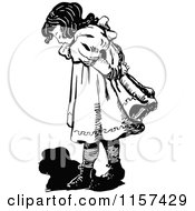Clipart Of A Retro Vintage Black And White Girl Watching Her Shadow Royalty Free Vector Illustration