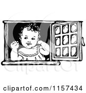 Clipart Of A Retro Vintage Black And White Girl In A Window Royalty Free Vector Illustration